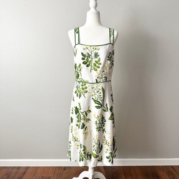 LOFT Dresses & Skirts - LOFT Linen Blend White & Green Summer Fit n Flare Dress Women's Size 10